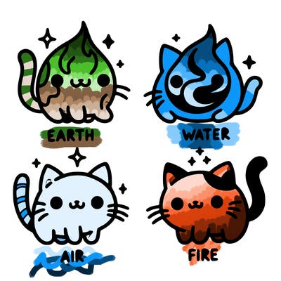 4 cats that represent the different elements, earth, water, air, and fire