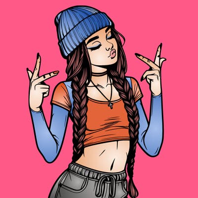 realistic teenage girl with braids and a beanie and crop top doing 🫶🏼