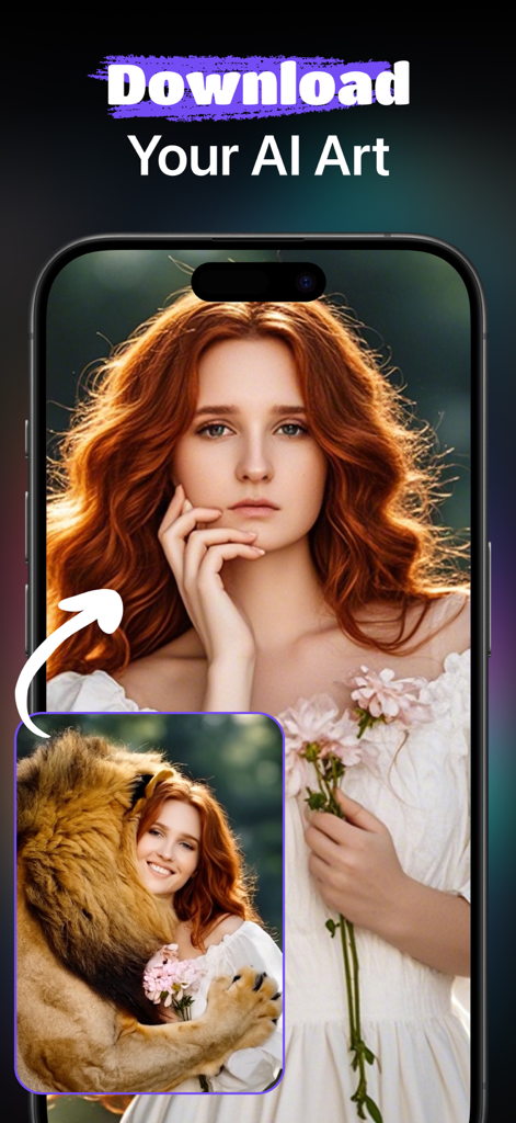 VidnoAi App-Oberfläche, die hochwertige KI-generierte Kunst einer Frau und eines Löwen anzeigt