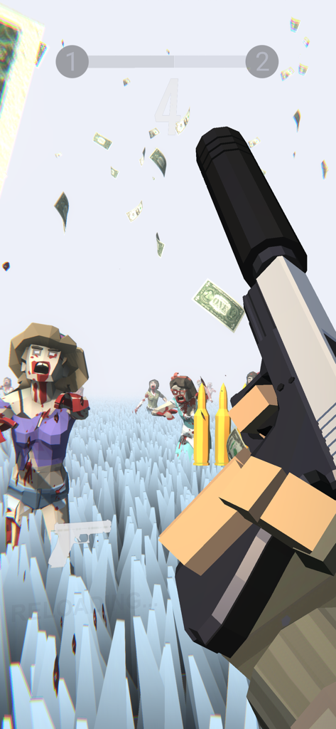 Zombie Royale - Vista em primeira pessoa do jogador atirando em zumbis com uma pistola no jogo mobile Zombie Royale