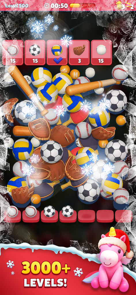 Toy Match 3D: Triple Match - Gameplay of Toy Match 3D showing a pile of sports items like soccer balls and baseball bats with a pink unicorn character