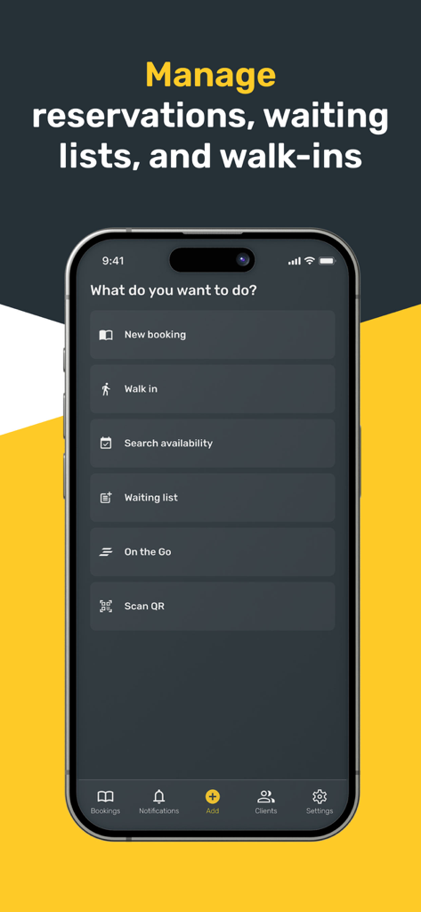 CoverManager - Pantalla de la app de reservas de restaurantes CoverManager que muestra el menú principal con opciones para nuevas reservas, clientes sin reserva y gestión de lista de espera