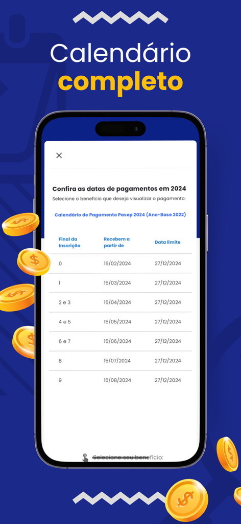 Screenshot of the ePIS app showing a detailed PASEP 2024 payment calendar with specific dates for beneficiaries.