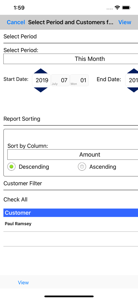 Report selection screen in Express Invoice Pro 2022 app showing date range and customer filtering options