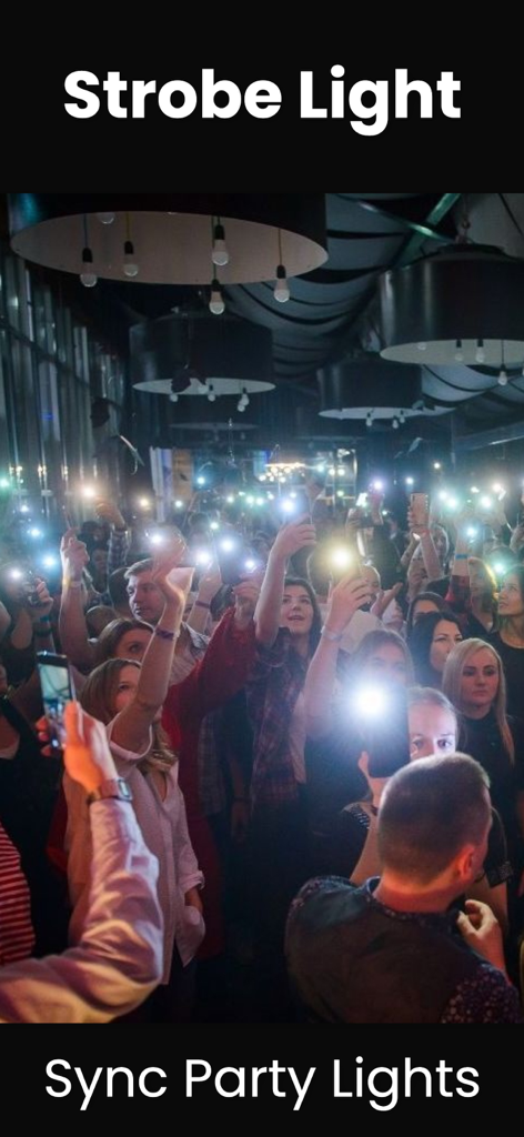 A crowd of people at a party using their smartphones for a synchronized strobe light show.