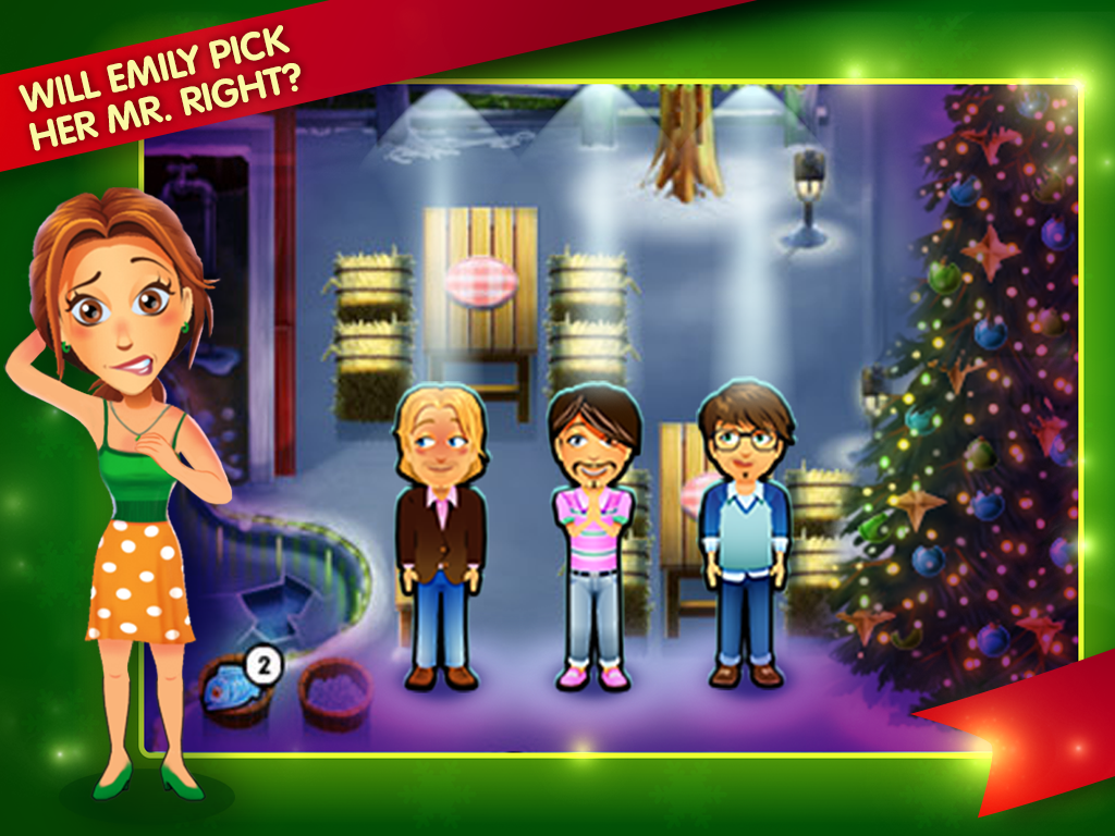 Emily from Delicious game choosing between three suitors in a holiday setting