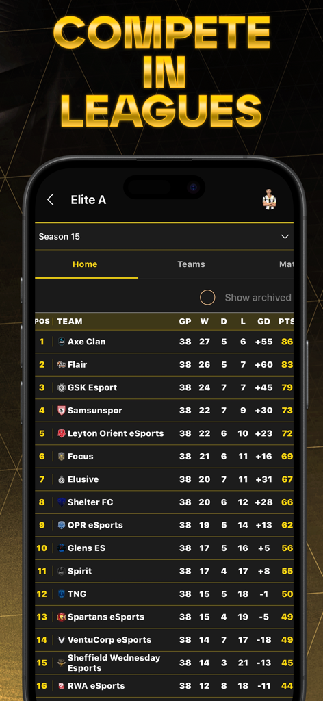 Una captura de pantalla móvil que muestra las clasificaciones de la liga de fútbol competitivo y los rankings de equipos en la aplicación Virtual Pro Gaming.