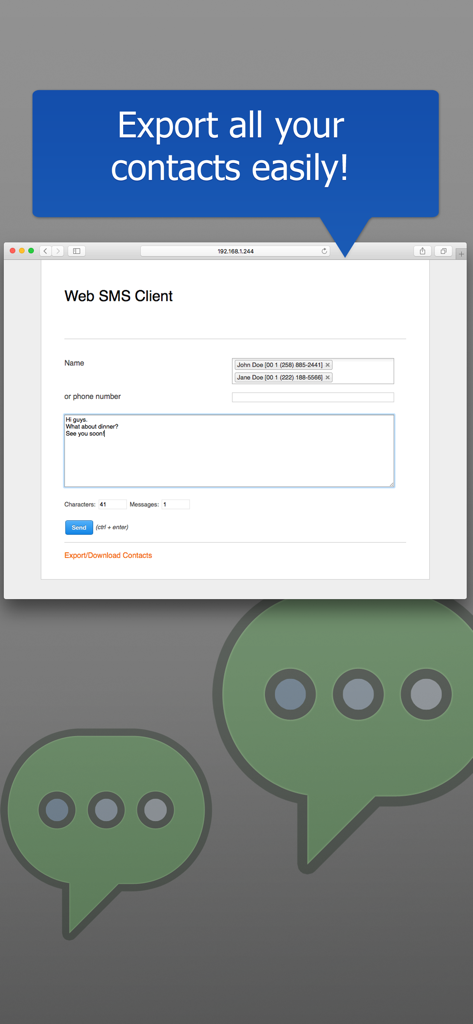 Web Browser SMS - Web Browser SMS interface on a computer screen highlighting the easy contact export feature.