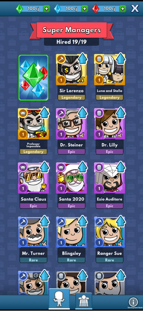 A collection of hired Super Managers in Idle Miner Tycoon displaying Legendary and Epic character cards