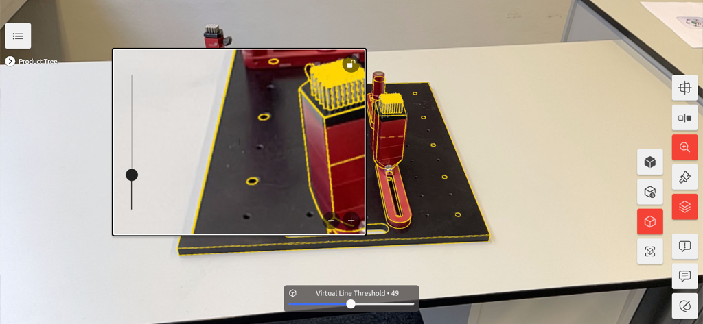 品質管理のために、物理的な製造部品に拡張現実CADワイヤーフレームオーバーレイが表示されているSuPARアプリのインターフェース