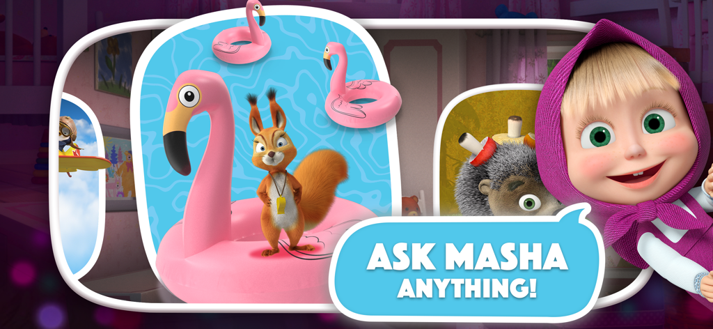 Masha and the Bear AI for Kids - Masha de Masha e o Urso com uma bolha de fala dizendo Pergunte Qualquer Coisa à Masha
