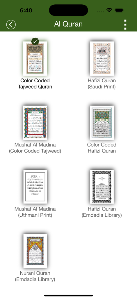 A selection of different Al Quran prints and scripts available in the Muslim Dawah app