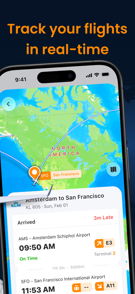 Flight Tracker. AI Plane Radar - A mobile app interface displaying real time flight tracking on a world map with arrival details