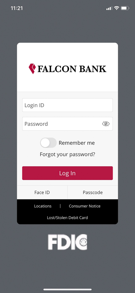 Falcon Bank Mobile Money secure login screen with username and password fields and Face ID option.