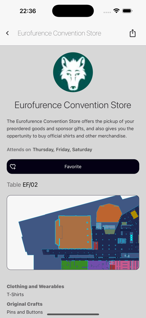 Detail view of the Eurofurence Convention Store in the app with venue map and merchandise info.