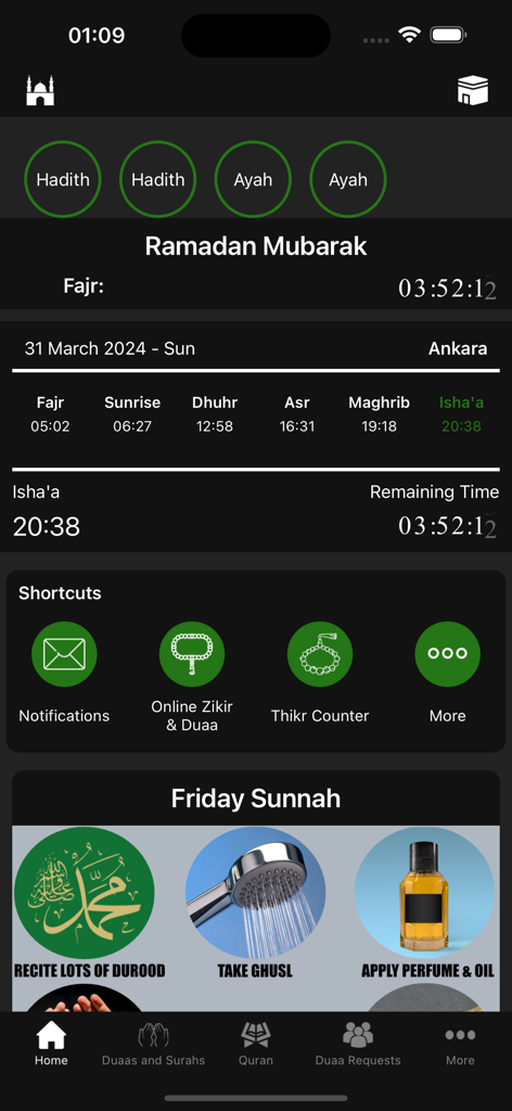 Duaas and Surahs - Dashboard der Duaas und Suren App mit Gebetszeiten, Ramadan-Countdown und Freitags-Sunnah-Erinnerungen.