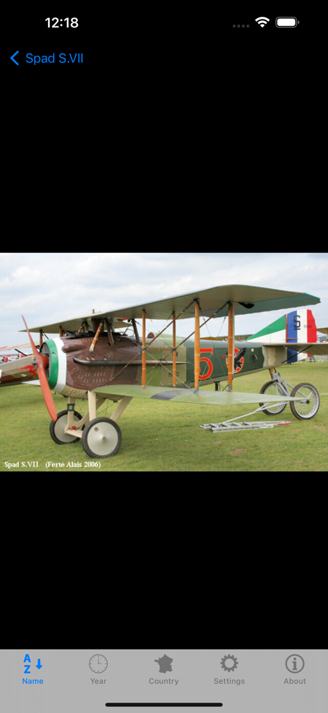 Historical Spad S.VII biplane displayed in the Planes app aircraft library