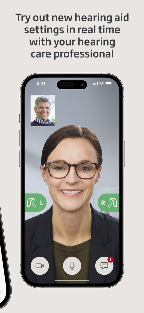 Screenshot of the Oticon Companion app showing a video call for real-time hearing aid adjustments with a professional.