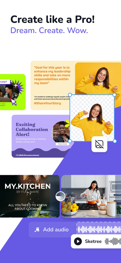 Interfaccia dell'app che mostra vari modelli di design professionali e strumenti di fotoritocco per piccole imprese