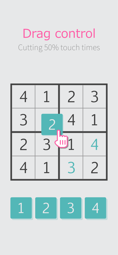 Une icône de main faisant glisser un nombre dans une grille 4x4 dans l'application Mini Sudoku montrant la fonction de contrôle par glisser-déposer.