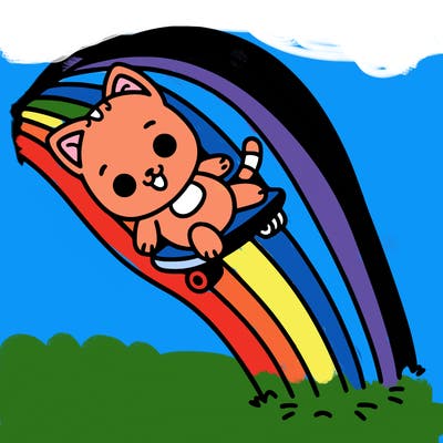 a cat sliding on a rainbow