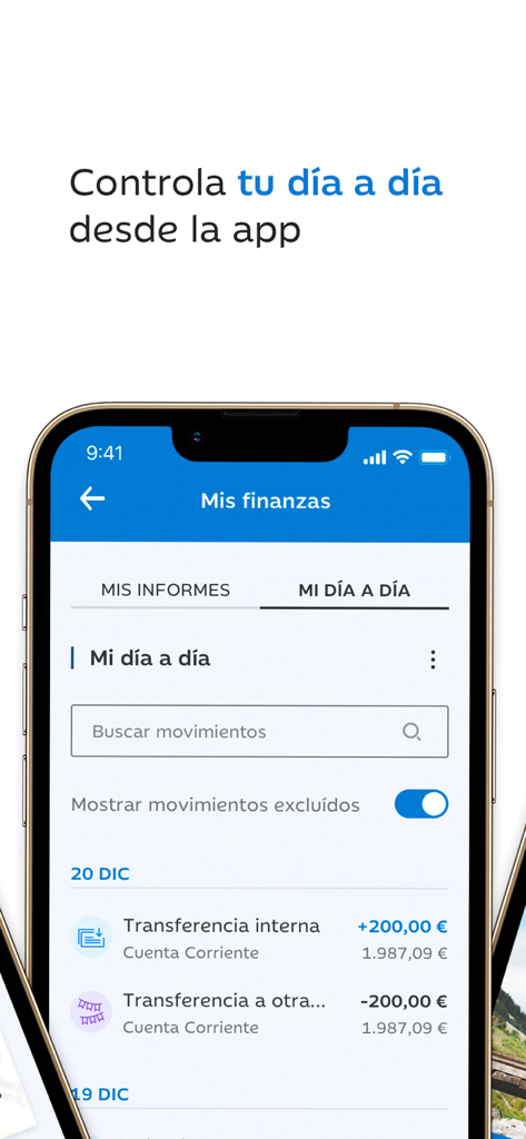 Ibercaja mobile app interface displaying daily financial transactions and account activity.