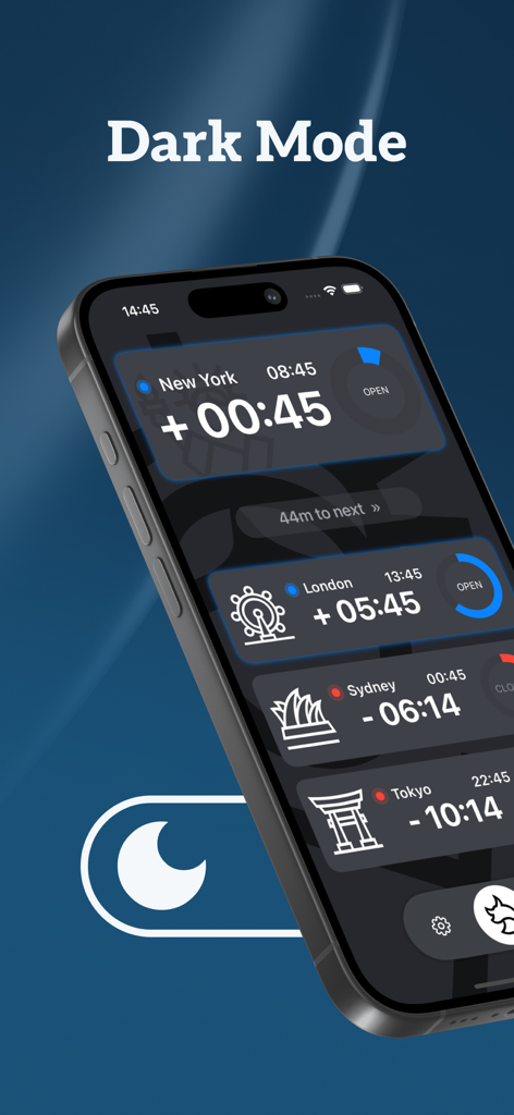 Market Countdown Times & News - Smartphone displaying the Market Countdown app interface in dark mode with trading session timers for New York London Sydney and Tokyo