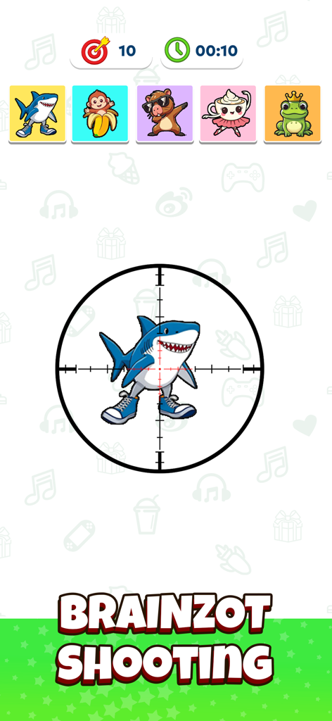 Una captura de pantalla del minijuego Brainrot Shooting con un tiburón de dibujos animados con zapatillas dentro de una mira