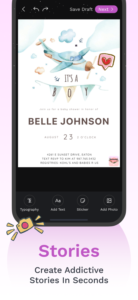 Party Invitation Cards Maker + - Une interface d'application mobile montrant un design d'invitation pour une fête prénuptiale pour un garçon avec une illustration d'avion.