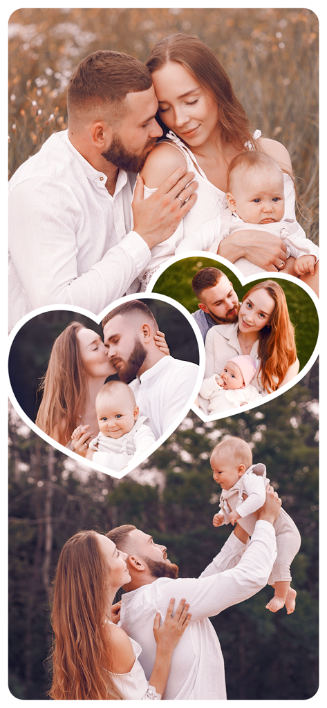 Collage de photos de famille esthétique avec des cadres en forme de cœur pour les stories Instagram