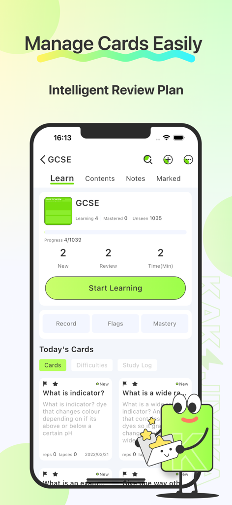 GreenNote-Flashcards for memo - GreenNote Karteikarten-App-Oberfläche, die die Verwaltung von GCSE-Decks mit Lernfortschritt und Starte-Lernen-Button zeigt