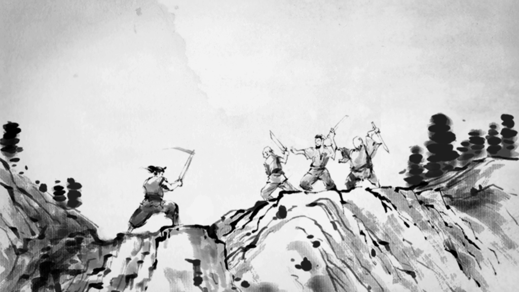 The Swords - Pittura ad acquerello di un maestro di spada di fronte a tre avversari su una cresta di montagna