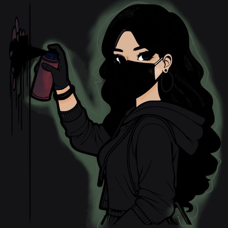 realistic girl with mask spray painting a wall