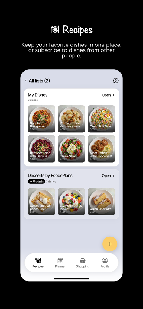 FoodsPlans - FoodsPlans app interface showing a visual recipe collection and dish lists for meal planning