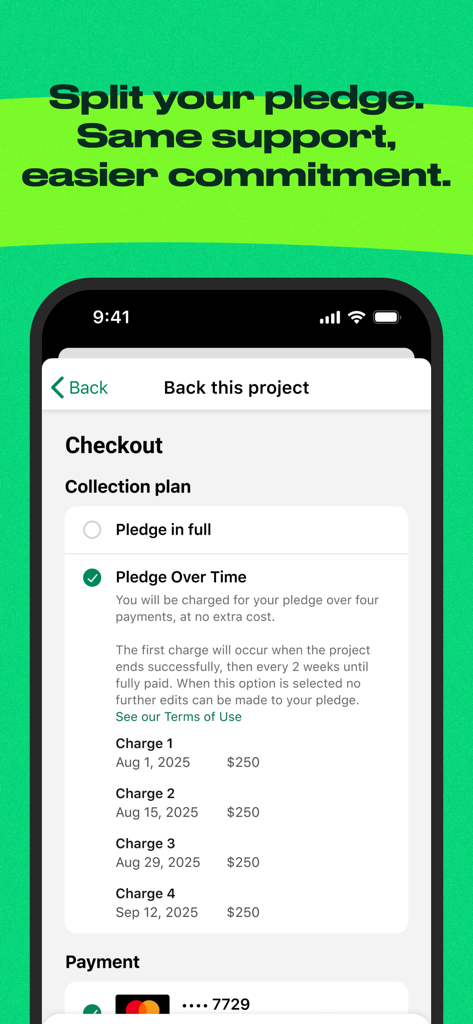 Kickstarter: Projects You Love - Kickstarter app checkout screen featuring the Pledge Over Time installment payment option.