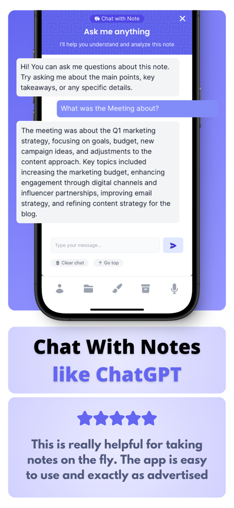 Talknotes app screen showing the chat with notes feature and a positive user review