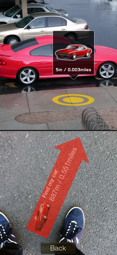 Find My Car - Find My Car app displaying augmented reality navigation with distance markers and direction arrows to locate a parked vehicle