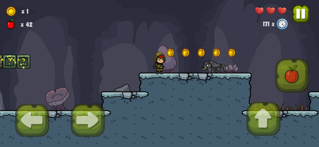 Nipo's World - Um screenshot de gameplay de Nipo's World mostrando um personagem encapuzado enfrentando um inimigo lobo em um nível de caverna escura com moedas de ouro flutuantes e plataformas de pedra.