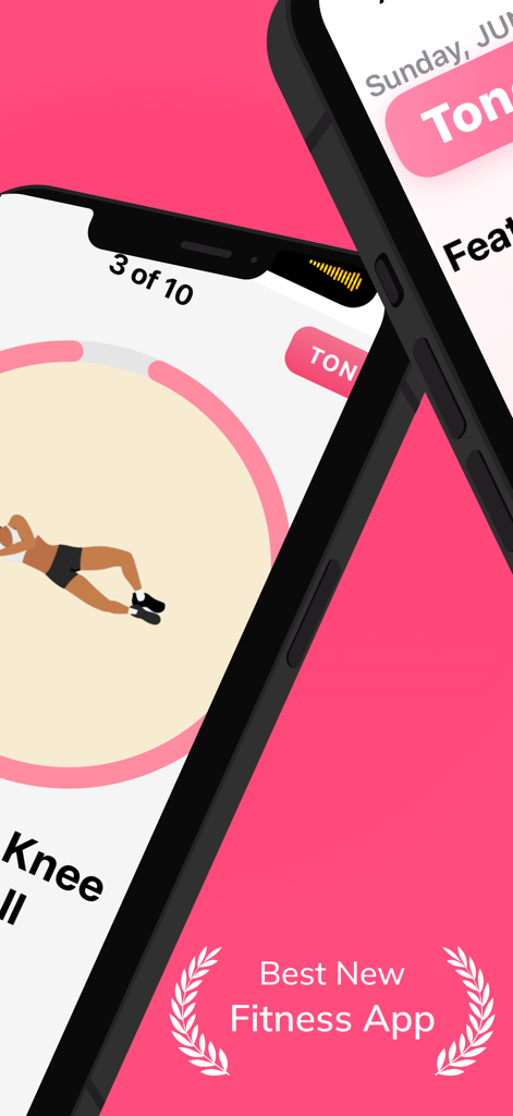 Interface of Tone AI Pilates app showing a workout exercise and fitness award badge