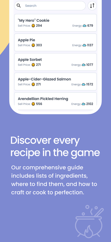 DLV Guide - Captura de pantalla de la aplicación Guía DLV que muestra una lista de recetas de cocina con estadísticas de energía y precio de venta