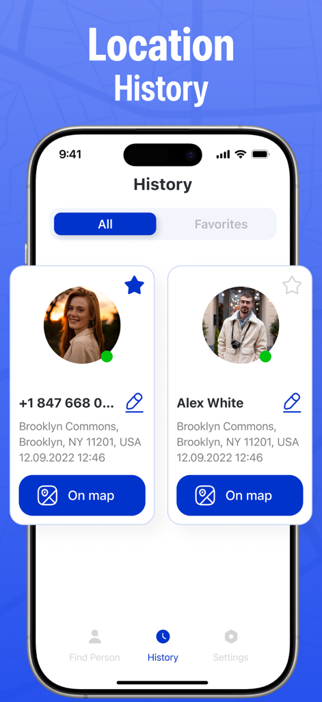 My Phone Tracker・Track Device - Écran de l'historique des localisations montrant les utilisateurs suivis et leurs adresses sur l'application Mon Localisateur de Téléphone