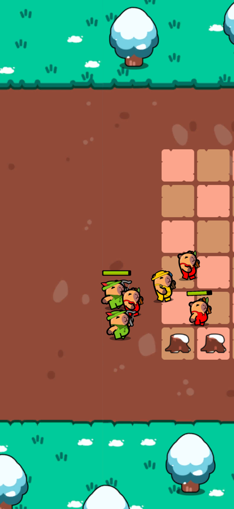 CappyBara Merge Clash - Capybara heroes in various outfits positioned on a strategy grid during a battle in CappyBara Merge Clash