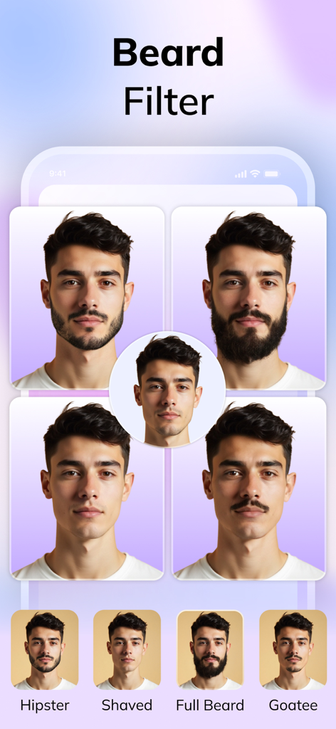 HairApp: AI Hairstyle Try On - Male user previewing different facial hair styles using the AI beard filter.