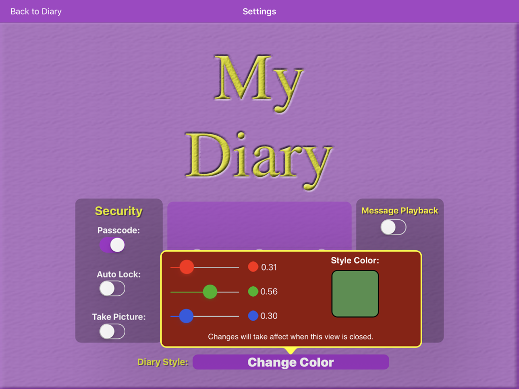 My Private Diary - Settings menu of My Private Diary app on iPad showing security options and a color customization interface with RGB sliders.