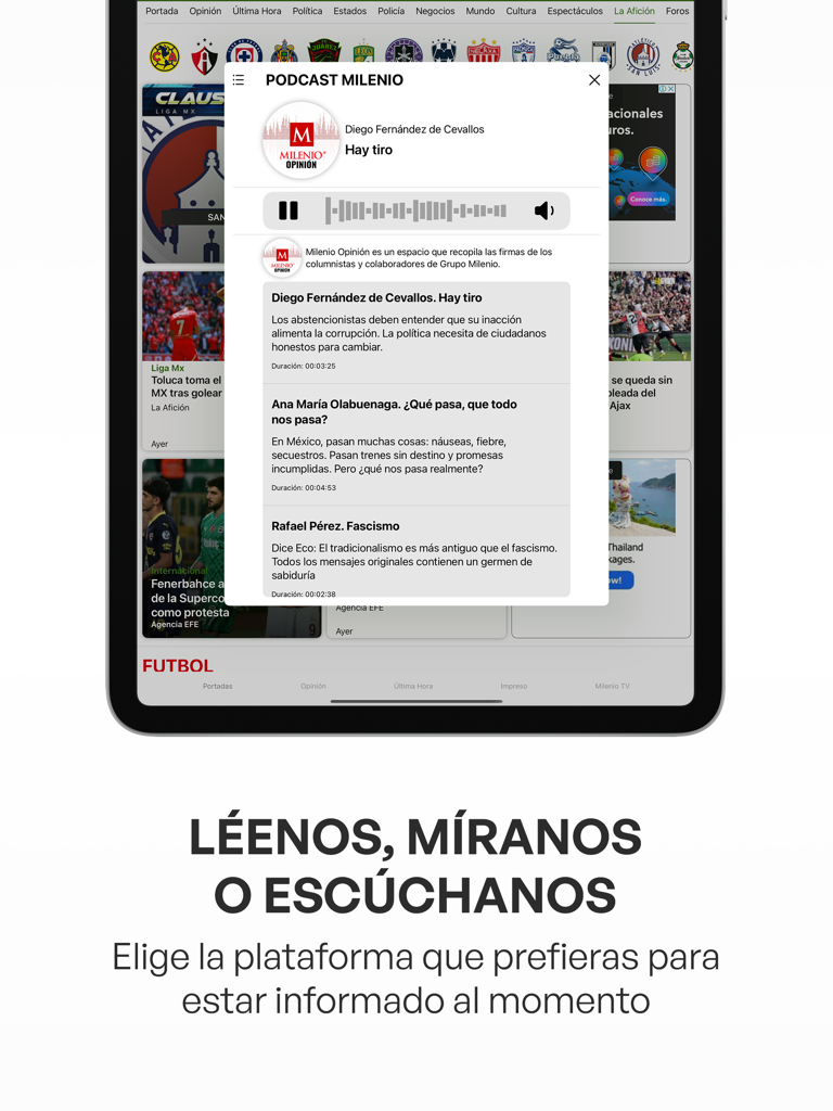 Milenio Impreso - Captura de pantalla de iPad de la aplicación Milenio Impreso mostrando una interfaz de reproductor de podcasts sobre contenido de noticias y deportes