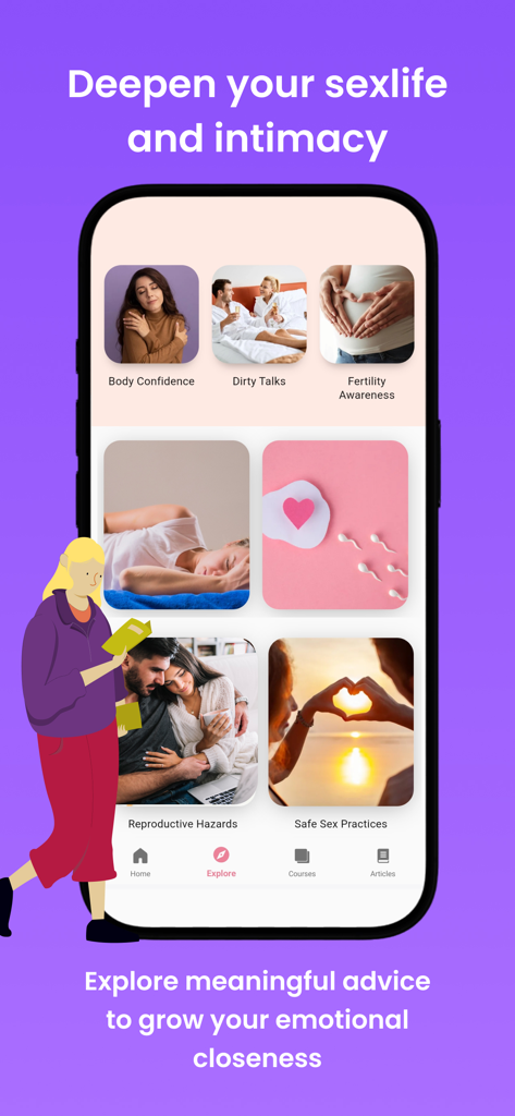 Pleasure: Sexual Wellbeing - Un teléfono inteligente que muestra la página Explorar de la aplicación Placer con categorías de bienestar que incluyen confianza corporal, conocimiento de la fertilidad y prácticas de sexo seguro.