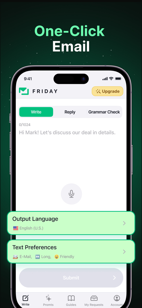 Interface de l'application Friday AI Email Writer montrant les fonctionnalités d'écriture d'e-mails en un clic avec entrée vocale et réglages de ton