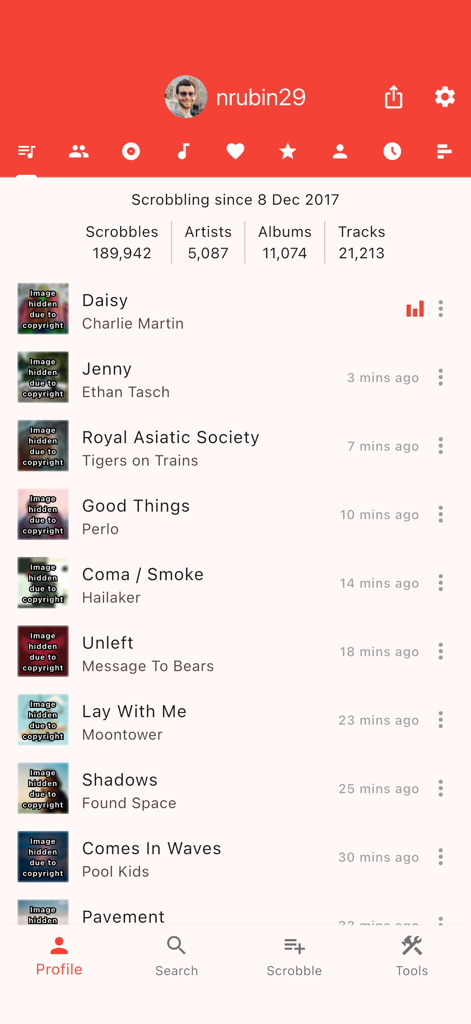Finale for Last.fm - User profile screen in Finale for Last.fm displaying music listening statistics and a history of recent scrobbled tracks.