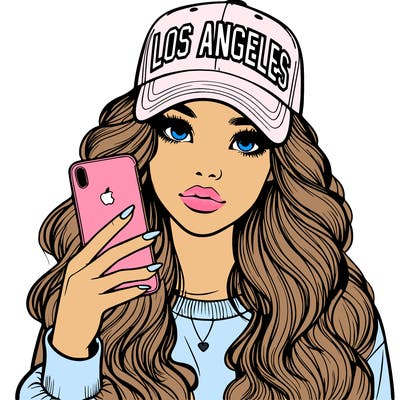 realistic beautiful girl wearing los ángeles cap holding an iphone