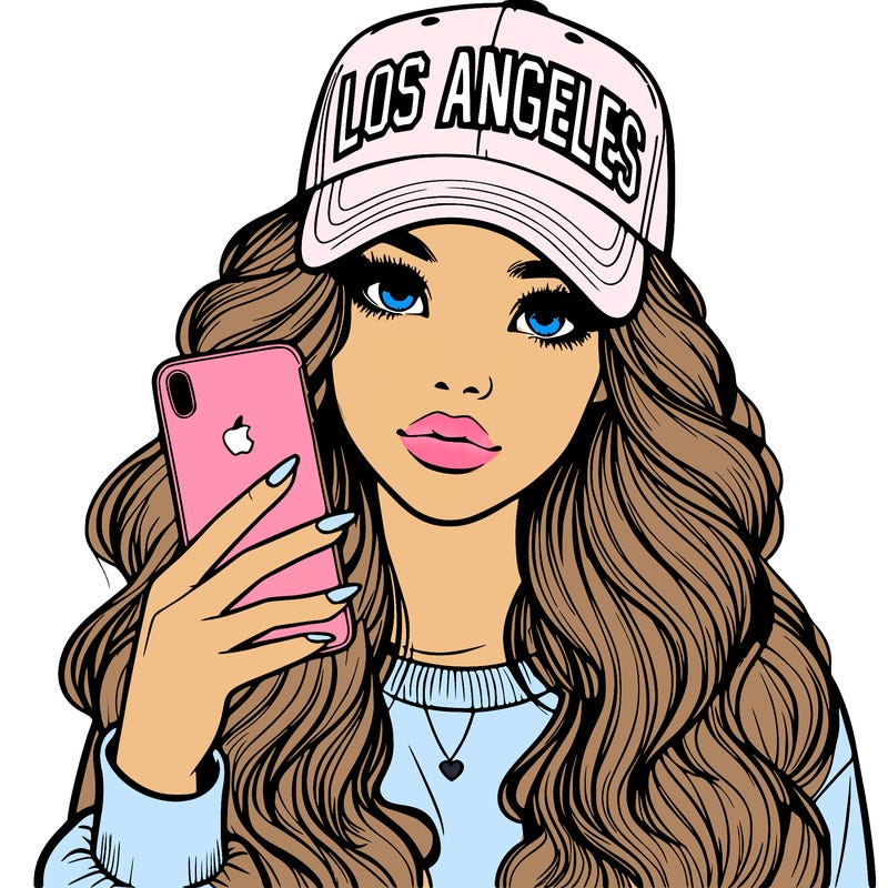 realistic beautiful girl wearing los ángeles cap holding an iphone